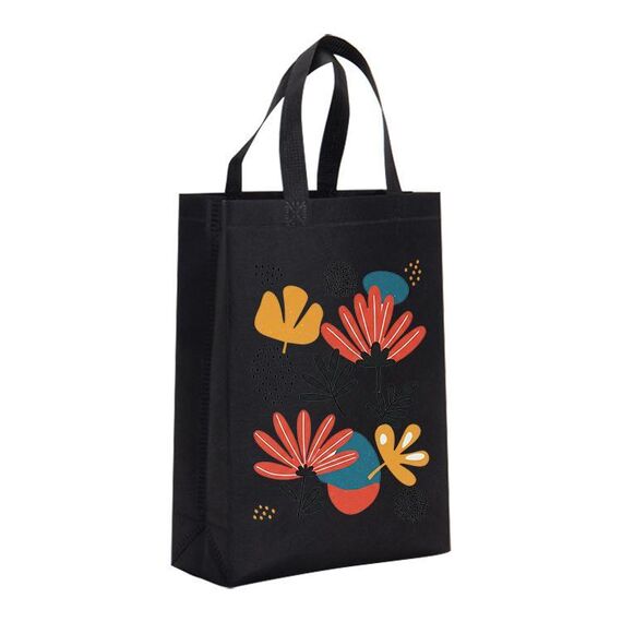 Borsa in tessuto non tessuto stampato con fiori, stampa su richiesta, dimensioni: 35x25x10 cm (nero)