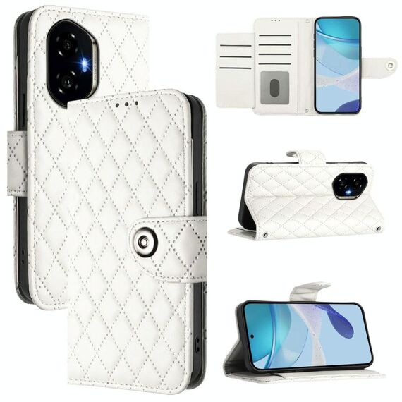 Custodia per telefono in pelle con texture rombica per Honor 300 5G con cordino (bianco)