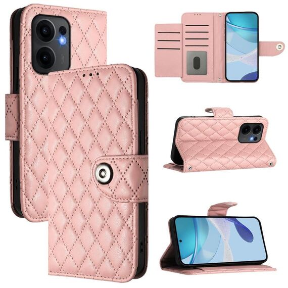 Per OPPO Reno13 F 5G Global Rhombic Texture Flip Custodia in Pelle per Telefono con Lanyard (Rosa Corallo)