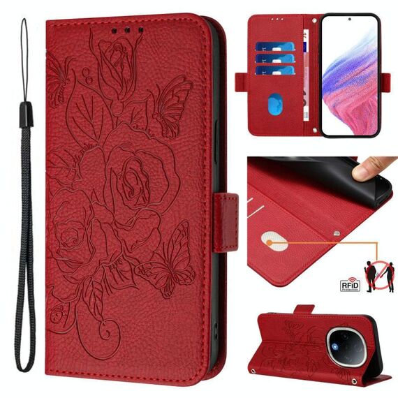 Per vivo Y300 5G Custodia in pelle antifurto RFID con motivo a rose in rilievo (rosso)