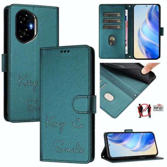 Custodia per telefono in pelle con stampa RFID per Honor 300 5G Smile Embossing (verde pavone)