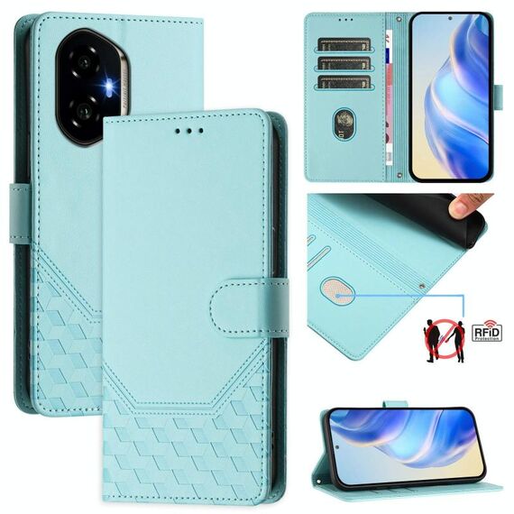 Custodia per telefono in pelle con stampa a nido d'ape RFID per Honor 300 5G (verde menta)