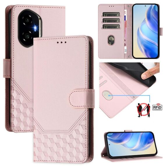 Custodia per telefono in pelle con stampa a nido d'ape RFID per Honor 300 5G (rosa)