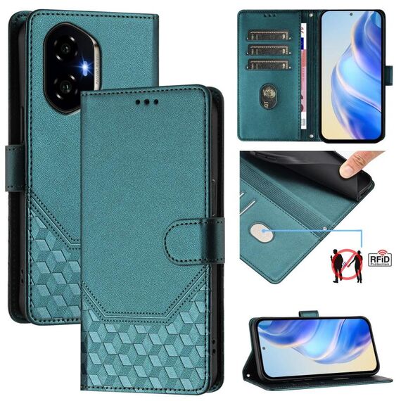 Custodia per telefono in pelle con stampa a nido d'ape RFID per Honor 300 5G (verde pavone)