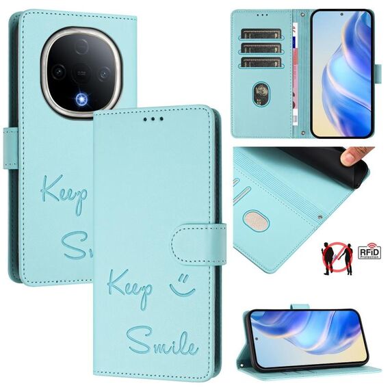 Per vivo Y300 5G Smile Embossing RFID Custodia in pelle per telefono (verde menta)