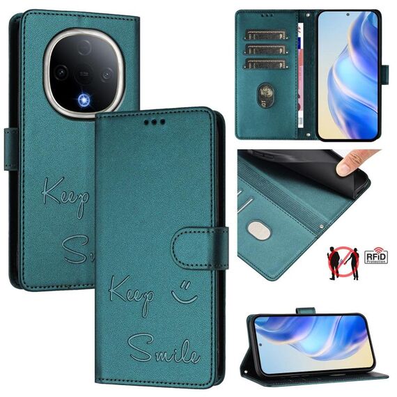 Per vivo Y300 5G Smile Embossing RFID Custodia in pelle per telefono (verde pavone)