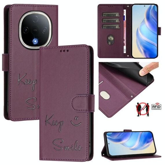 Per vivo Y300 5G Smile Embossing RFID Custodia in pelle per telefono (viola)