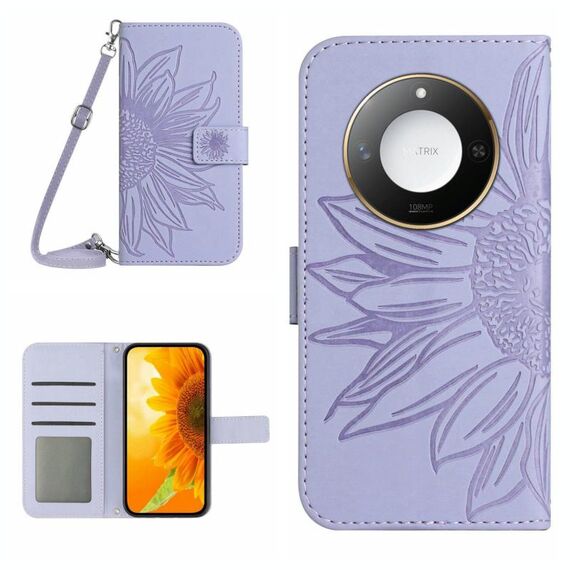 Custodia per telefono in pelle con motivo a fiore di sole Smart Skin Feel For Honor X9c con cordino (viola)
