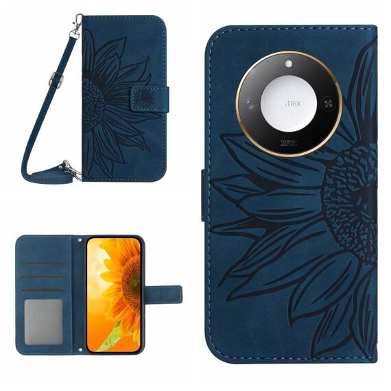 Custodia per telefono in pelle con motivo a fiore di sole Smart Skin Feel For Honor X9c con cordino (blu inchiostro)