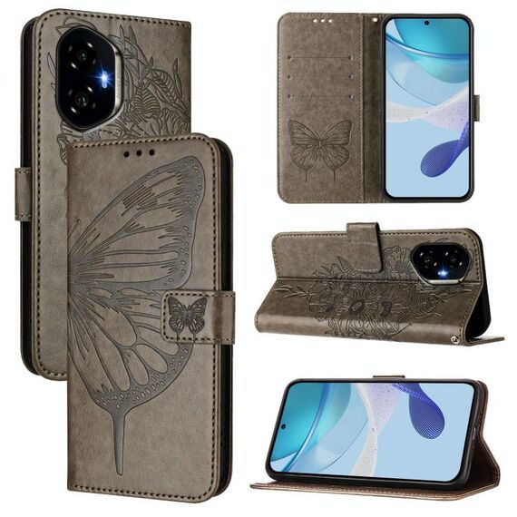 Custodia in pelle con motivo a farfalla in rilievo per Honor 300 (grigio)