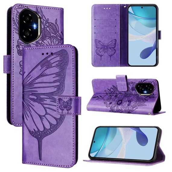 Custodia in pelle con motivo a farfalla in rilievo per Honor 300 (viola)