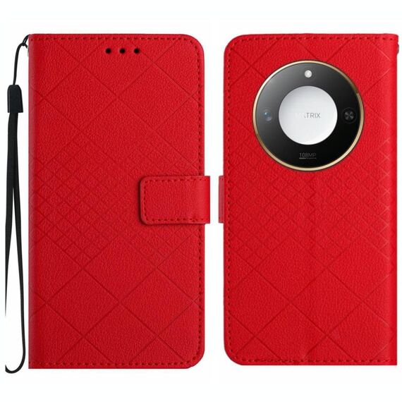 Custodia per telefono in pelle con trama a griglia rombica intelligente per Honor X9c (rossa)