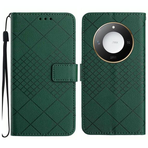 Custodia per telefono in pelle con trama a griglia rombica intelligente per Honor X9c (verde)