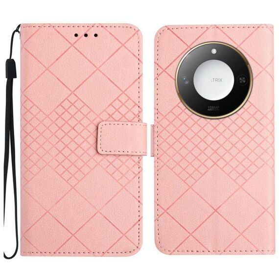 Custodia per telefono in pelle con trama a griglia rombica intelligente per Honor X9c (rosa)
