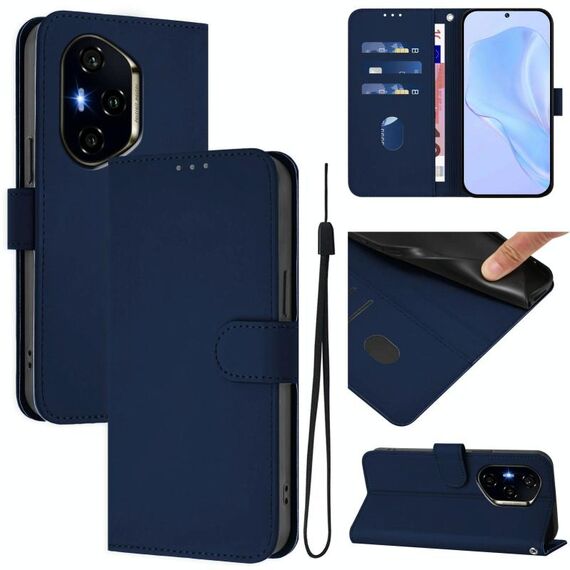 Per Honor 300 Pro / 300 Ultra Custodia in pelle tinta unita con cordino (blu navy)