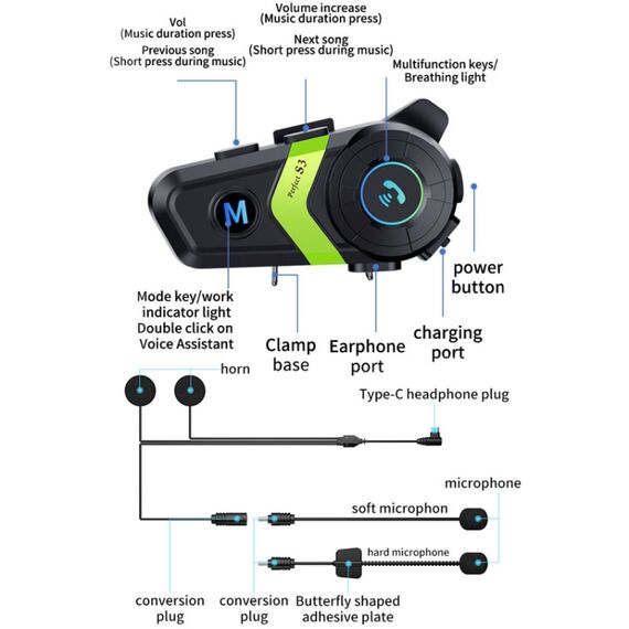 Auricolare Bluetooth per casco moto S3 per caschi integrali e mezzi (argento) TBD0604211801A