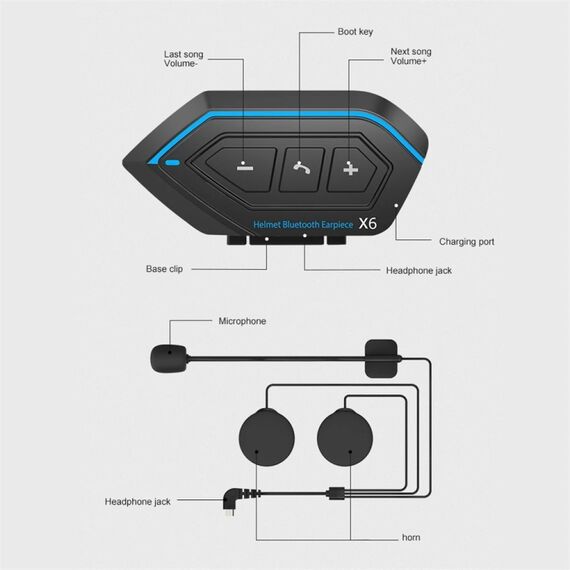 Auricolare bluetooth X6 impermeabile stereo vivavoce per casco moto soft line TBD0604213001B