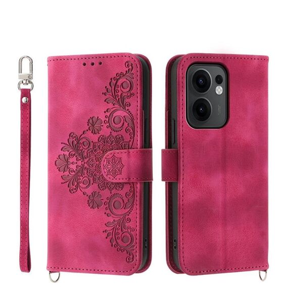 Per OPPO Reno13 F 4G / 5G Custodia in pelle con motivo floreale in rilievo (rosso vino)