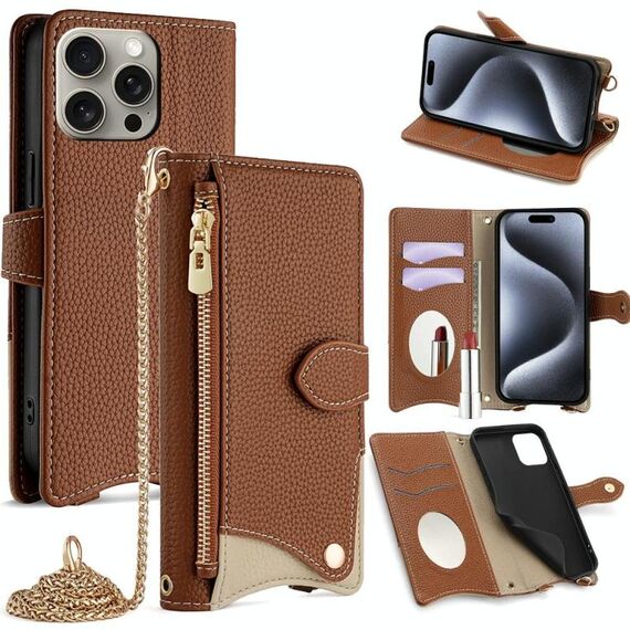 Per iPhone 16 Pro Max Custodia a tracolla in pelle Litchi con catena a coda di pesce (marrone)
