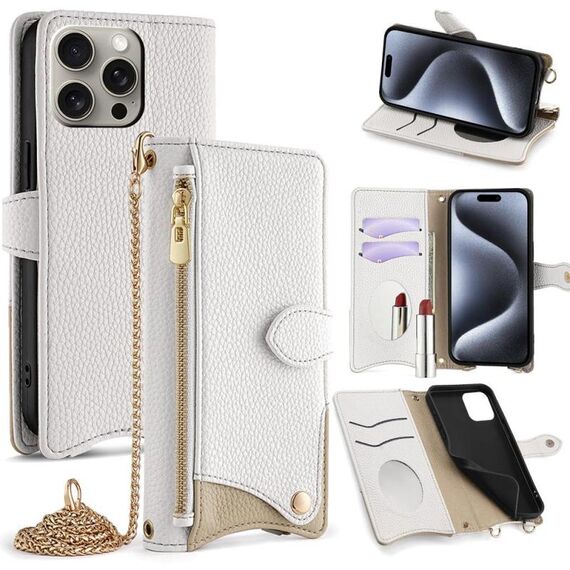 Per iPhone 16 Pro Crossbody Chain Fishtail Litchi Custodia per telefono in pelle (bianco)