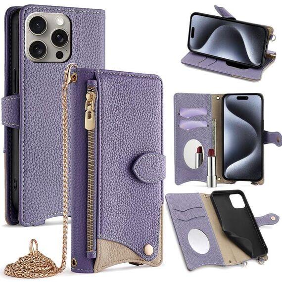 Per iPhone 15 Pro Max Custodia a tracolla in pelle Litchi con catena a coda di pesce (viola)