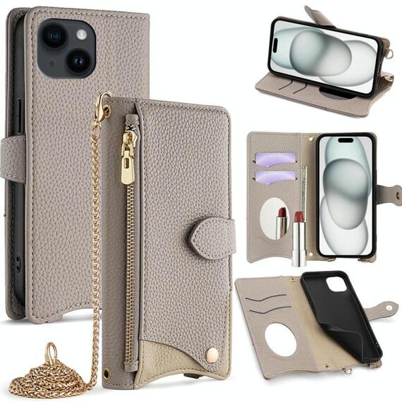 Per iPhone 15 Plus Crossbody Chain Fishtail Litchi Custodia per telefono in pelle (grigio)