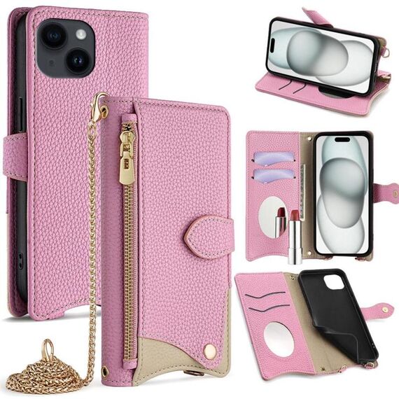 Per iPhone 15 Plus Custodia per telefono in pelle Litchi a coda di pesce con tracolla a catena (rosa)