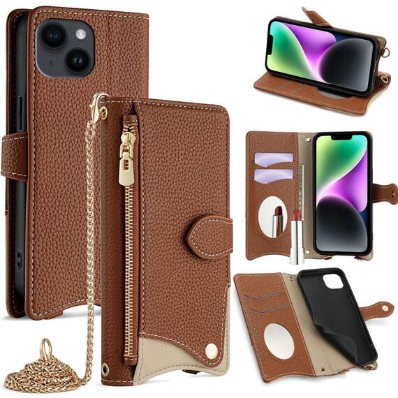 Per iPhone 14 Plus Crossbody Chain Fishtail Litchi Custodia per telefono in pelle (marrone)