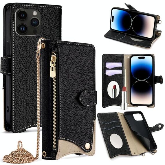 Per iPhone 14 Pro Crossbody Chain Fishtail Litchi Custodia per telefono in pelle (nero)