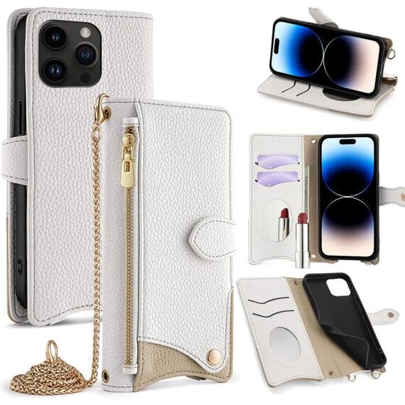 Per iPhone 14 Pro Crossbody Chain Fishtail Litchi Custodia per telefono in pelle (bianco)