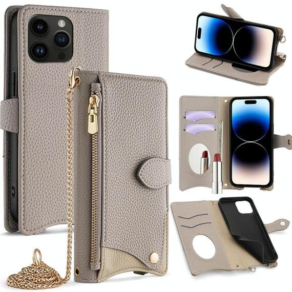 Per iPhone 14 Pro Max Crossbody Chain Fishtail Litchi Custodia per telefono in pelle (grigio)