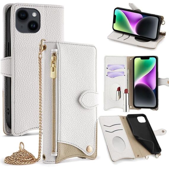 Per iPhone 13 Custodia per telefono in pelle Litchi a coda di pesce con catena a tracolla (bianca)