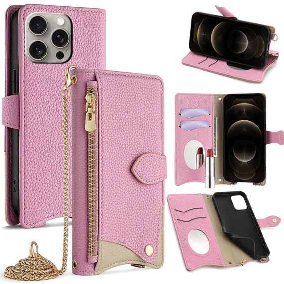 Per iPhone 12 / 12 Pro Crossbody Chain Fishtail Litchi Custodia per telefono in pelle (rosa)