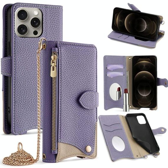 Per iPhone 12 Pro Max Custodia a tracolla in pelle Litchi con catena a coda di pesce (viola)