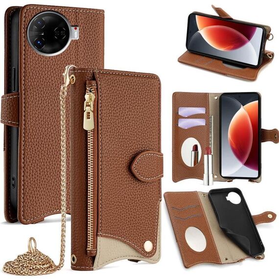 Per Tecno Camon 30 Pro Crossbody Chain Fishtail Litchi Custodia in pelle per telefono (marrone)