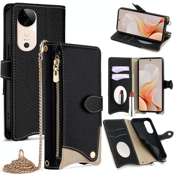 Per vivo S19 Crossbody Chain Fishtail Litchi Custodia per telefono in pelle (nero)