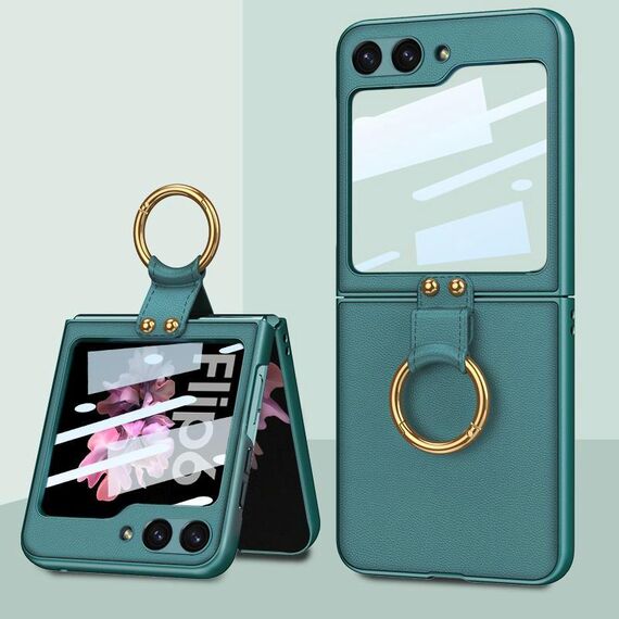 Per Samsung Galaxy Z Flip6 Custodia per telefono in pelle ultrasottile integrata GKK con supporto ad anello (verde)