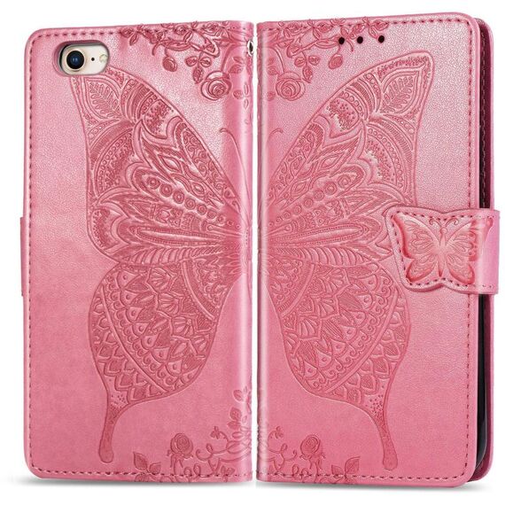 Per iPhone 16e Custodia per telefono in pelle goffrata con motivo a farfalla e fiori (rosa)