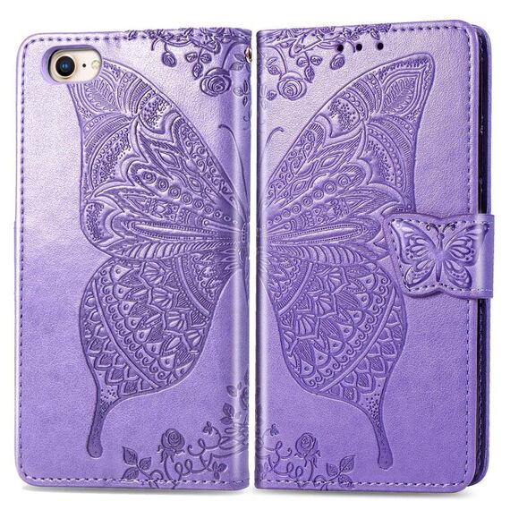 Per iPhone 16e Custodia per telefono in pelle goffrata con motivo a farfalla e fiori (lavanda)