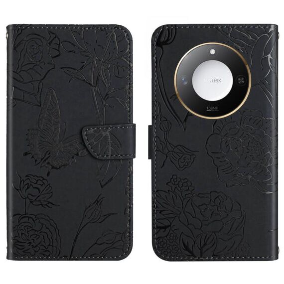 Custodia per telefono in pelle flip con motivo a farfalla in rilievo per Honor X9c Smart HT03 (nero)