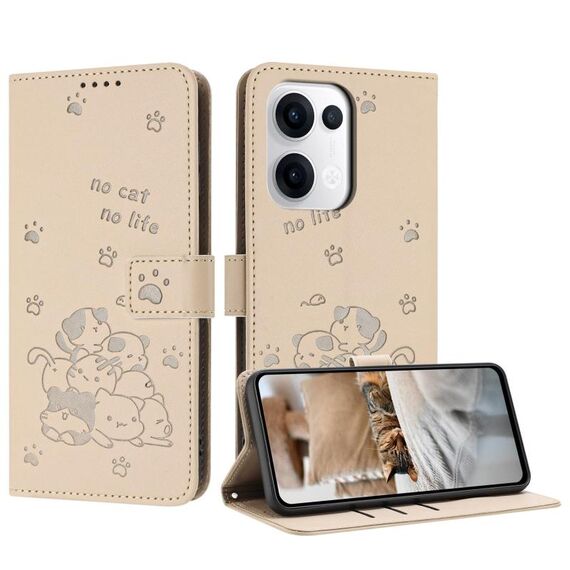 Per OPPO Reno13 5G Custodia in pelle per telefono con motivo a gattino in rilievo globale con cordino (beige)