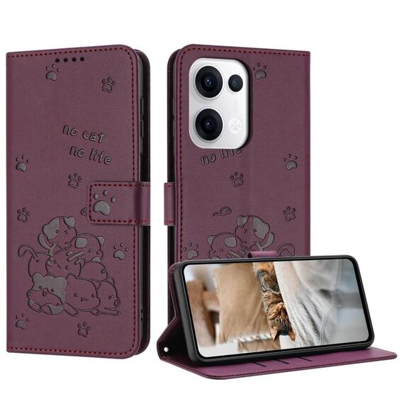 Per OPPO Reno13 5G Custodia in pelle con motivo a gattino in rilievo globale con cordino (rosso vino)