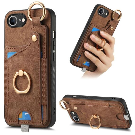 Per iPhone 16e Custodia per telefono con anello e passante per appendere, effetto pelle retrò (marrone)