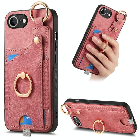 Per iPhone 16e Custodia per telefono con anello e anello per appendere, effetto pelle retrò (rosa)