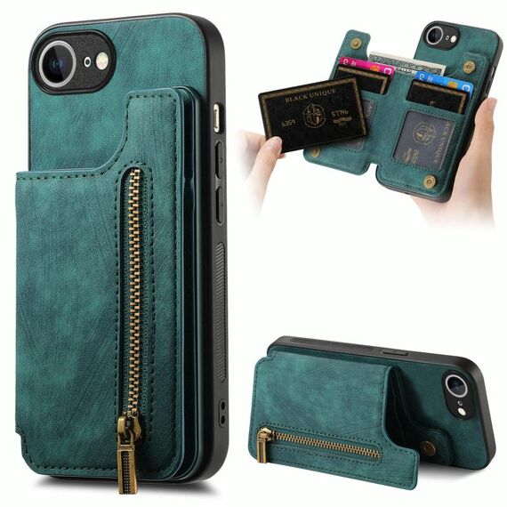 Per iPhone 16e Custodia per telefono con cerniera in pelle retrò (verde)