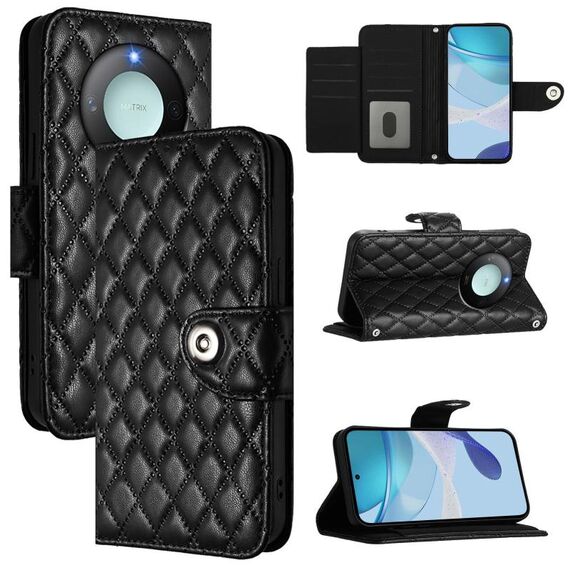 Per Honor X9c Smart 5G Global Rhombic Texture Flip Custodia in Pelle per Telefono con Lanyard (Nero)