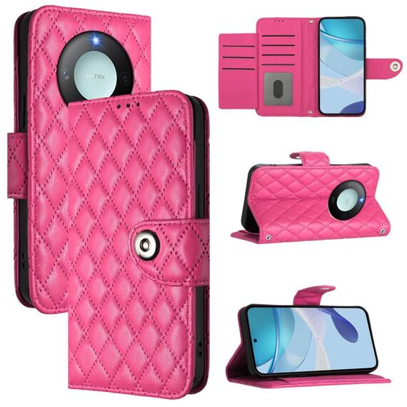 Per Honor X9c Smart 5G Global Rhombic Texture Flip Custodia in Pelle per Telefono con Lanyard (Rosso Rosa)