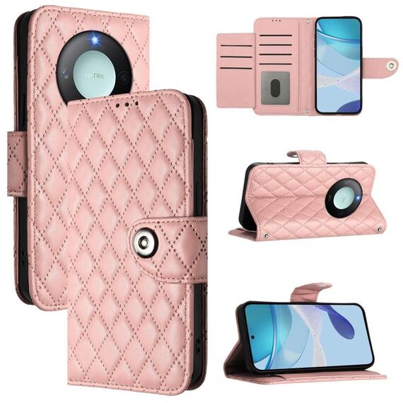 Per Honor X9c Smart 5G Global Rhombic Texture Flip Custodia in Pelle per Telefono con Lanyard (Rosa Corallo)