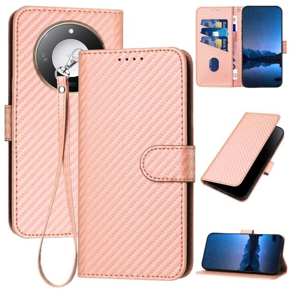 Per Honor X60 / X9c Smart YX0070 Custodia in pelle con fibbia in fibra di carbonio e cordino (rosa)