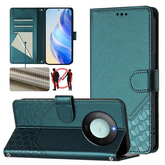 Custodia per telefono in pelle con stampa a nido d'ape RFID per Honor X9c Smart 5G (verde pavone)
